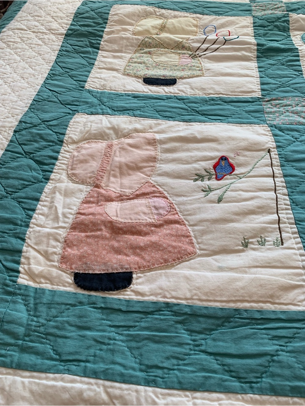 Vintage Patchwork Sunbonnet Sue Quilt - Teal and Cream. Handmade Hand Stitched